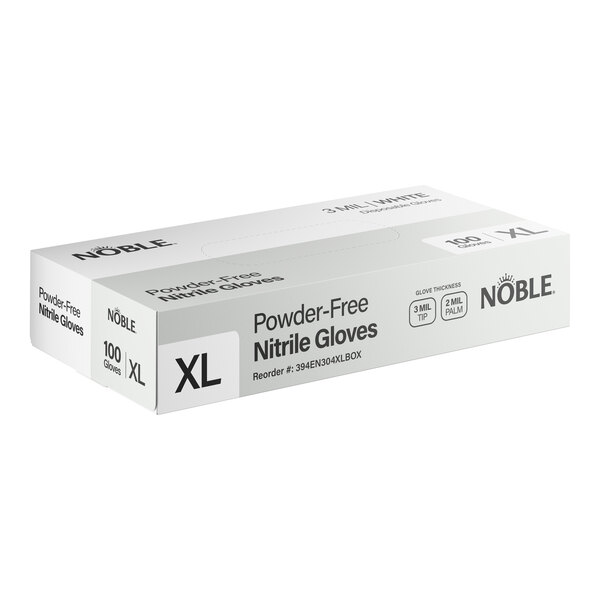 A box of Noble brand powder-free nitrile gloves in extra large size, containing 100 gloves.