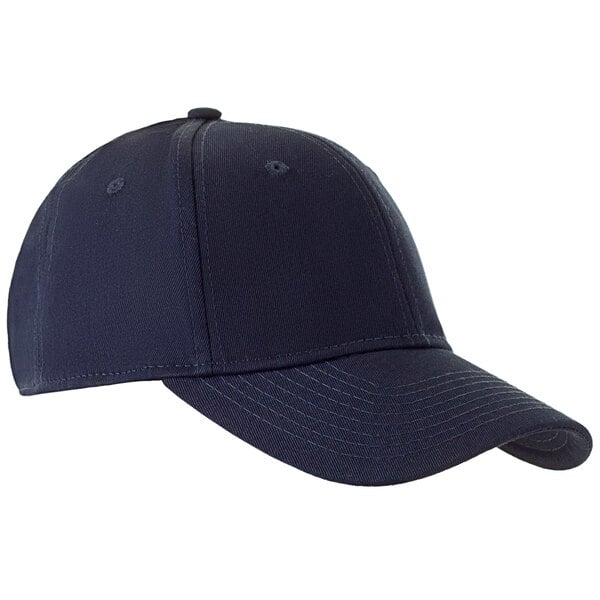 A navy baseball cap with a white background.