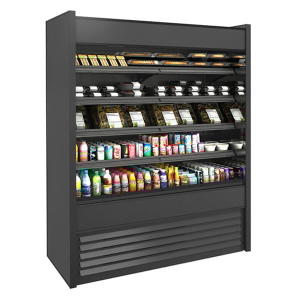 A black Structural Concepts Oasis air curtain merchandiser with food on shelves.