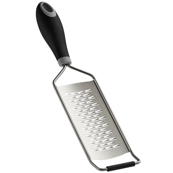 A Mercer Culinary stainless steel ribbon grater with a black Santoprene handle.