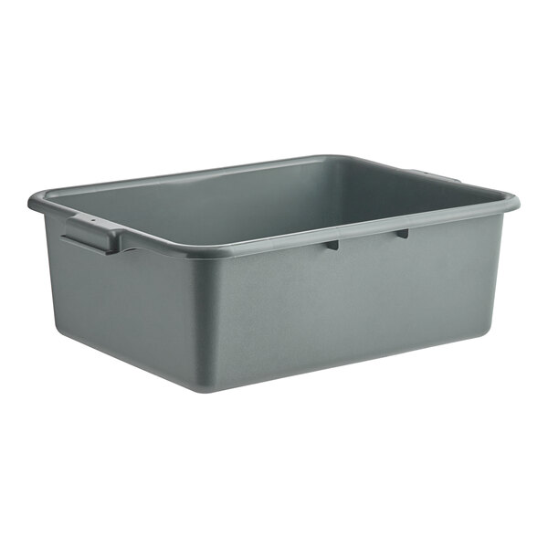 A Carlisle gray plastic bus tub with handles.