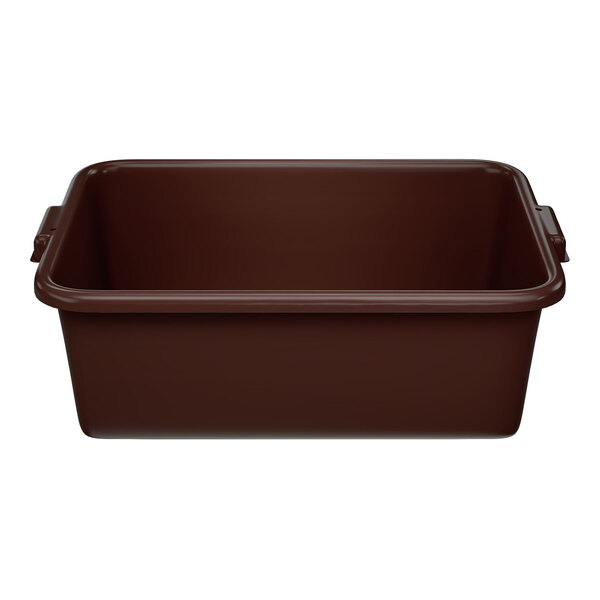 A brown rectangular high density polyethylene bus tub with handles on the sides.