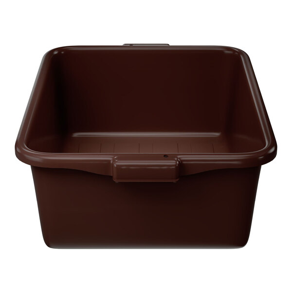 A brown high density polyethylene bus tub measuring 20 inches by 15 inches by 7 inches.