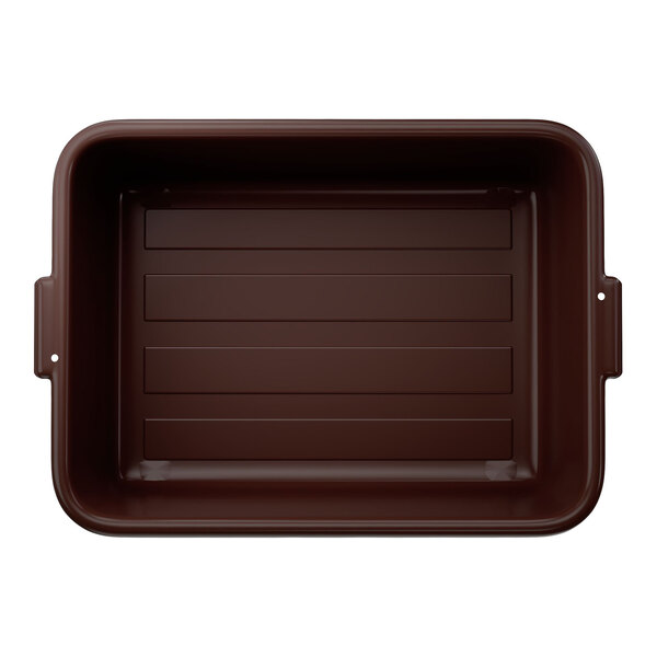 A brown high density polyethylene bus tub with handles on each side.