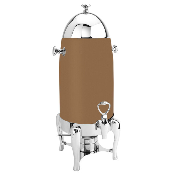An Eastern Tabletop bronze coated stainless steel coffee chafer urn with chrome legs.