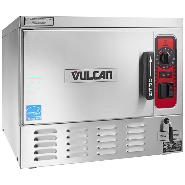 A silver Vulcan countertop steamer with red and black dials.