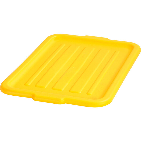 A yellow plastic Carlisle Bus Tub Lid.