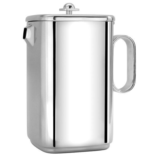 A silver stainless steel coffee pot with a lid and a handle.