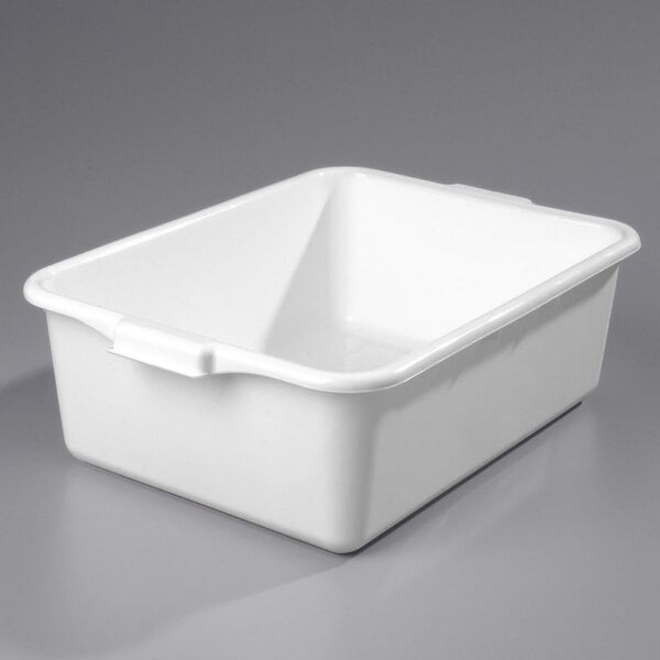 A white rectangular Vollrath high density polyethylene bus tub.