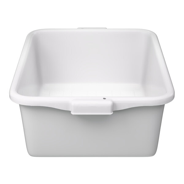 A white high density polyethylene bus tub or food storage box with a rectangular shape and rounded corners.