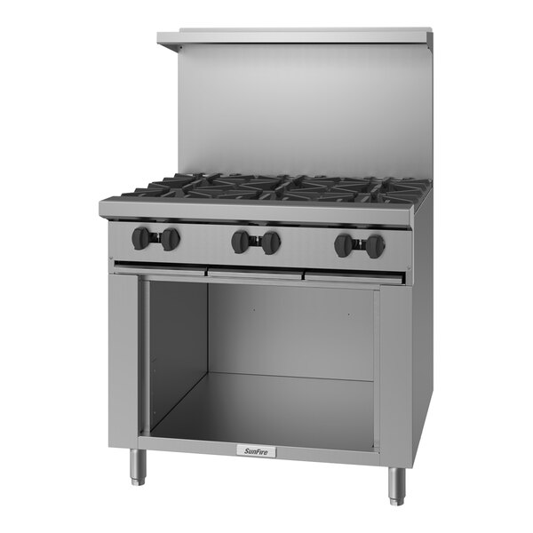 A stainless steel Garland SunFire series range with open storage.