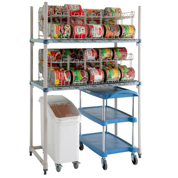 A MetroMax Q shelf with cans of food on it.