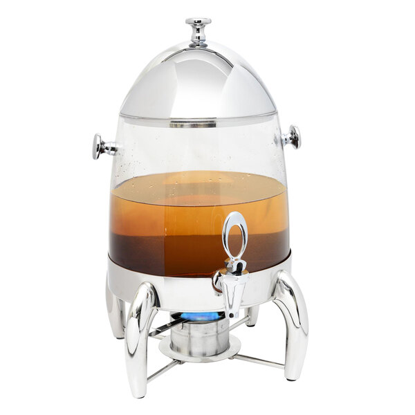 A stainless steel Eastern Tabletop hot beverage dispenser with a clear container.