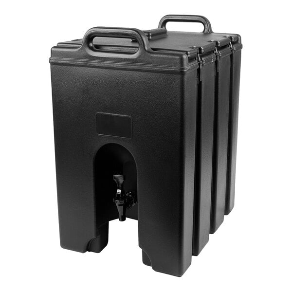 A large, black, rectangular beverage dispenser with a spigot and carrying handles on top.
