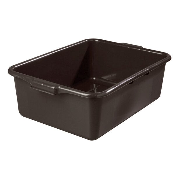 A brown polyethylene bus tub with a handle.