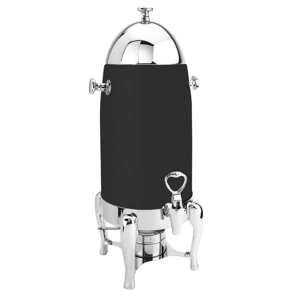 A black and silver stainless steel coffee chafer urn with a silver handle.