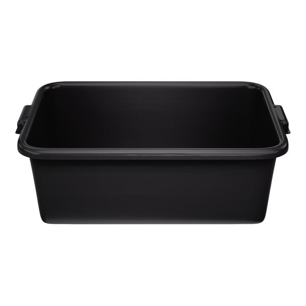 A black high density polyethylene bus tub measuring 20 inches by 15 inches by 7 inches.