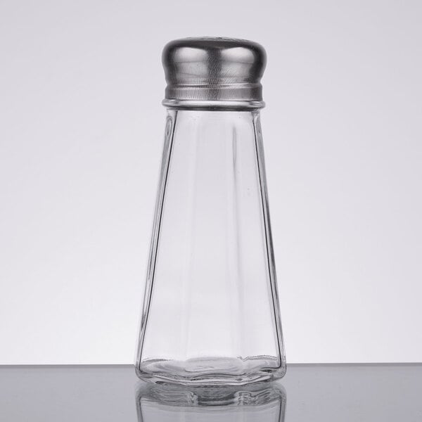 A clear glass Thunder Group salt shaker with a metal cap with a mushroom top.