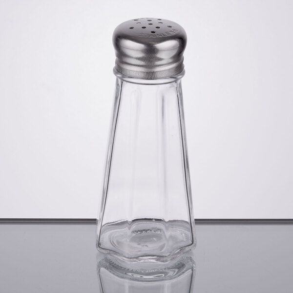 A Thunder Group clear glass salt shaker with a silver mushroom top.
