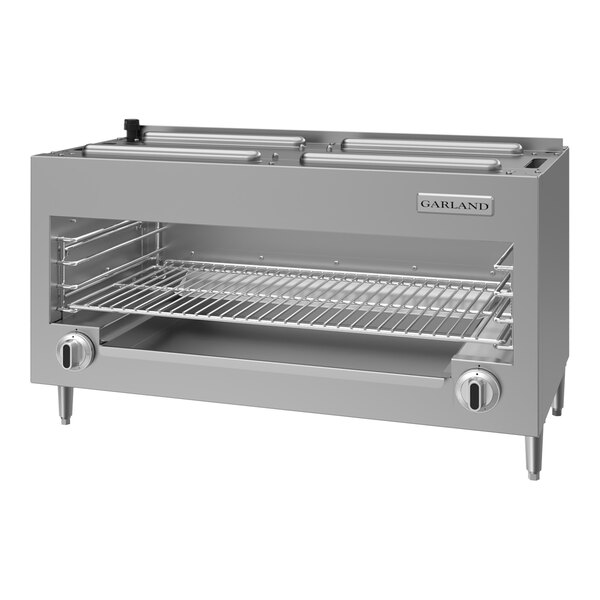 A stainless steel countertop infrared cheese melter with adjustable rack and control knobs.