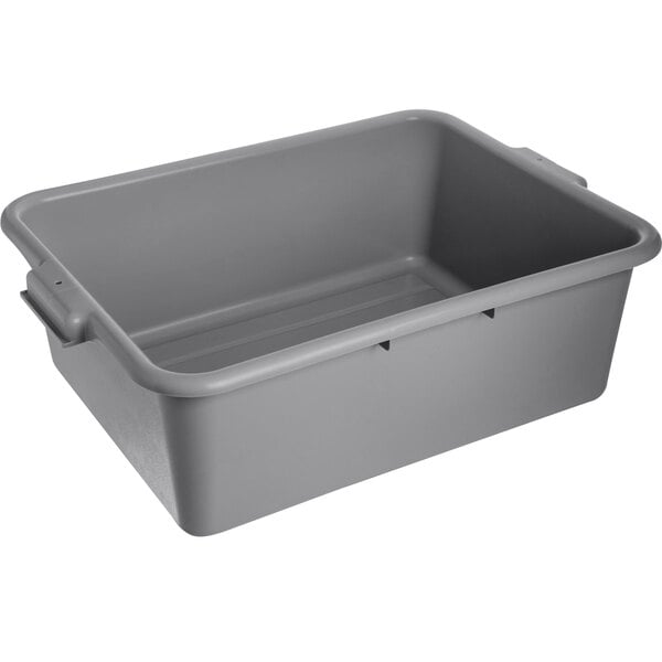 A gray high density polyethylene bus tub with handles.