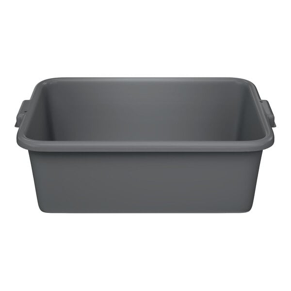 A gray high density polyethylene bus tub with handles on the sides.