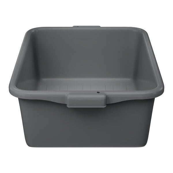 A gray high density polyethylene bus tub measuring 20 inches by 15 inches by 7 inches.