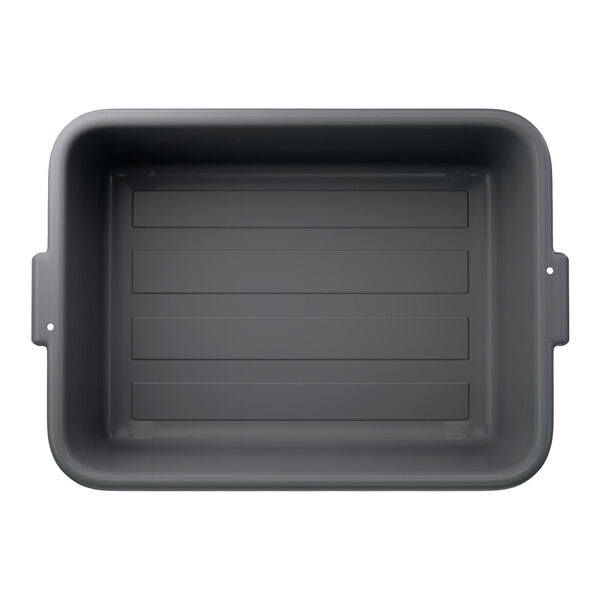 A gray high density polyethylene bus tub with handles on each side.