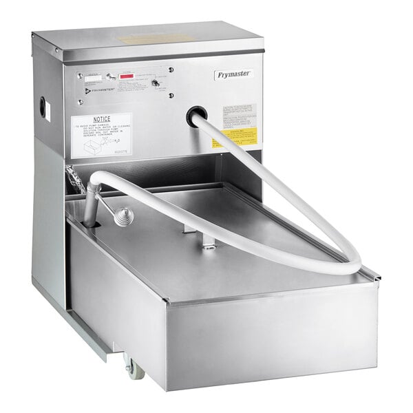 A Frymaster portable fryer oil filtration machine with a stainless steel tank and a hose.