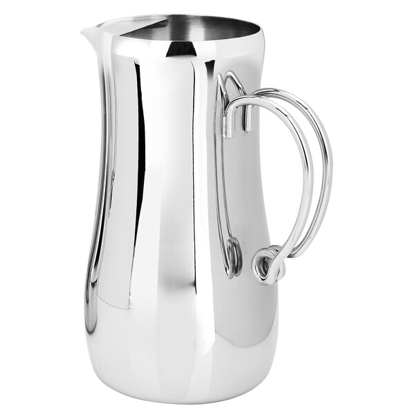 An Eastern Tabletop stainless steel water pitcher with a handle.