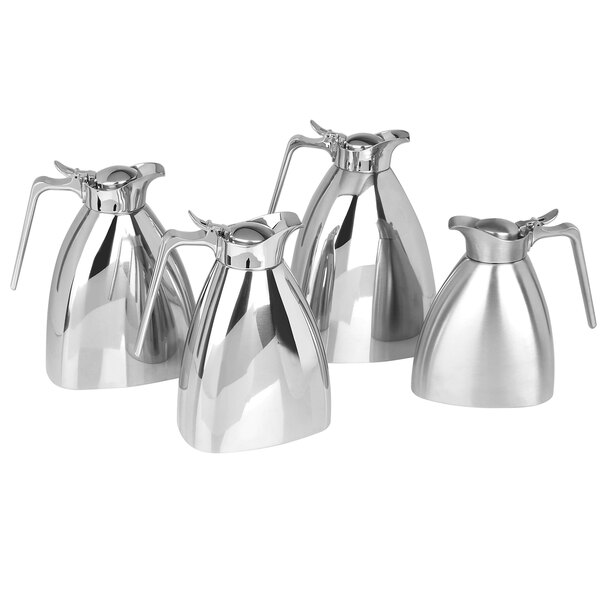 Three Eastern Tabletop stainless steel insulated coffee servers with lids.