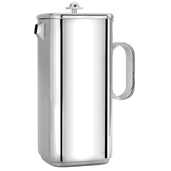 An Eastern Tabletop Java stainless steel coffee pot with a handle.