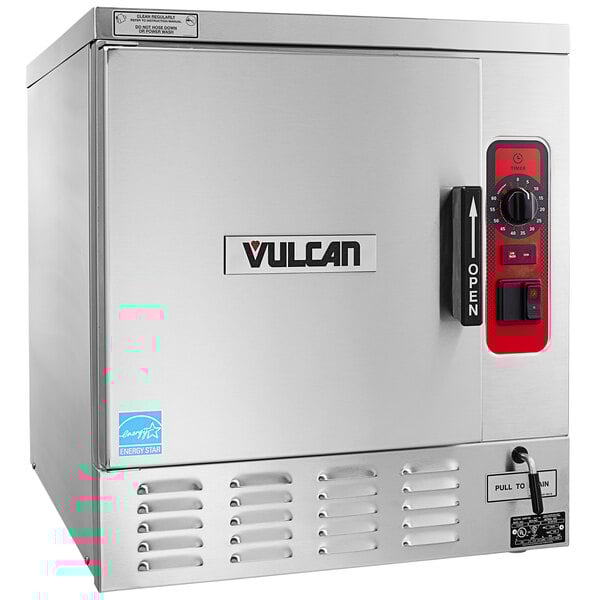 A silver box with red and black dials and text on a Vulcan C24EO5AF countertop steamer.