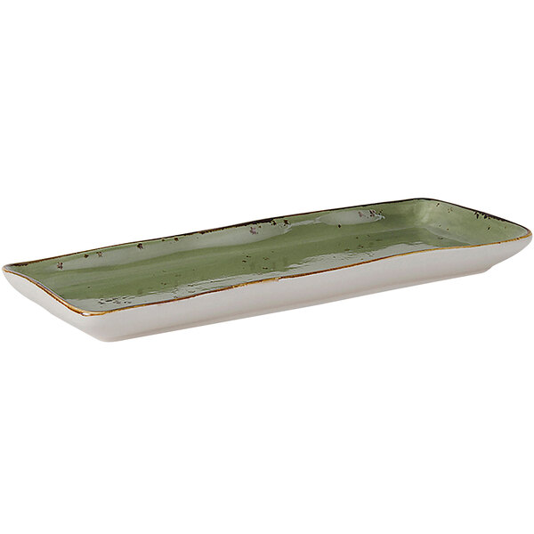 A rectangular green and white Tuxton china tray with gold accents.