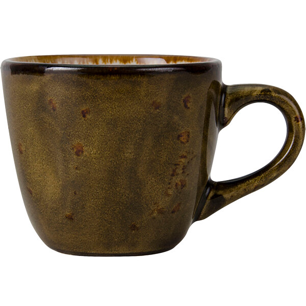 A brown Tuxton china cup with a handle.