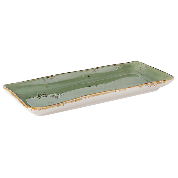 A rectangular green plate with white and green speckles.