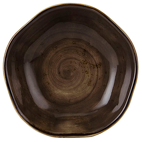 A brown bowl with a swirl pattern.