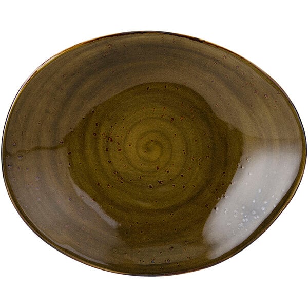 A white china ellipse plate with a green geode design in the center.