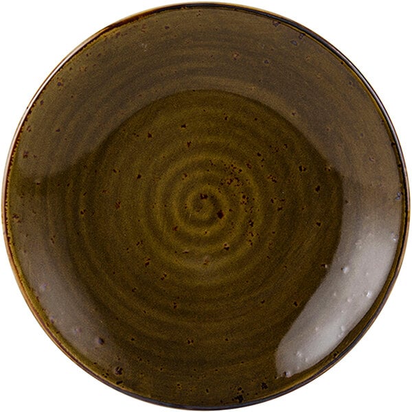 A close-up of a Tuxton TuxTrendz Artisan Geode Walnut China plate with a spiral pattern.