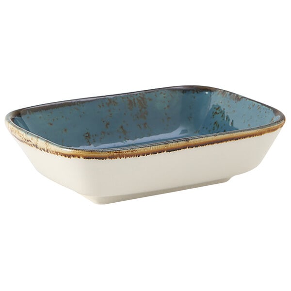 A Tuxton TuxTrendz rectangular dish in blue and white with a geode pattern.