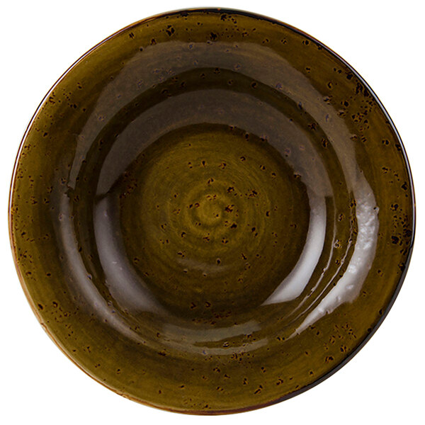 A Tuxton wide rim china soup bowl with a brown rim and center.