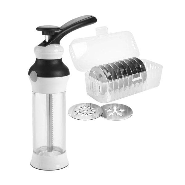 An OXO cookie press with discs in a container with a lid.