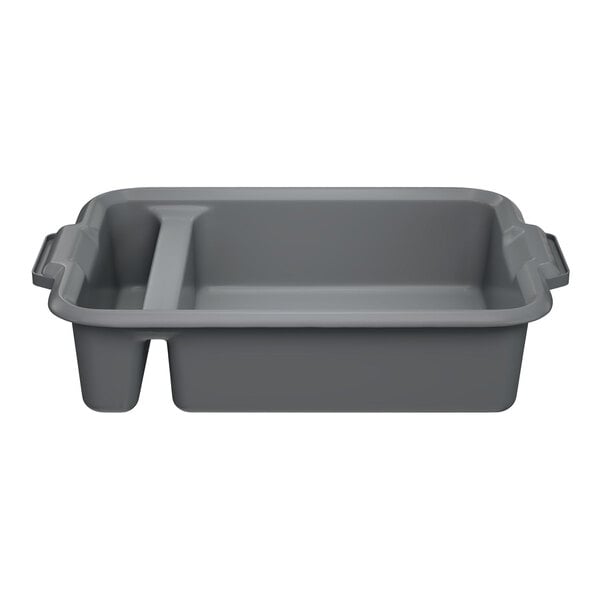 A gray high density polyethylene divided bus tub with handles and a partition, measuring 23 by 17 by 6 inches.