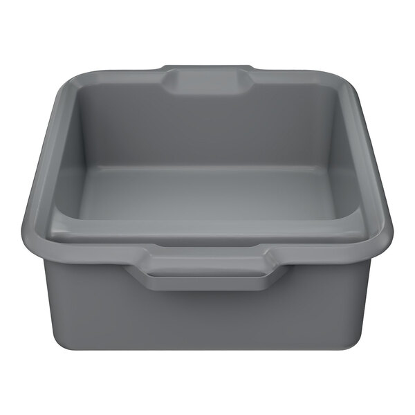 A gray high density polyethylene divided bus tub with handles.