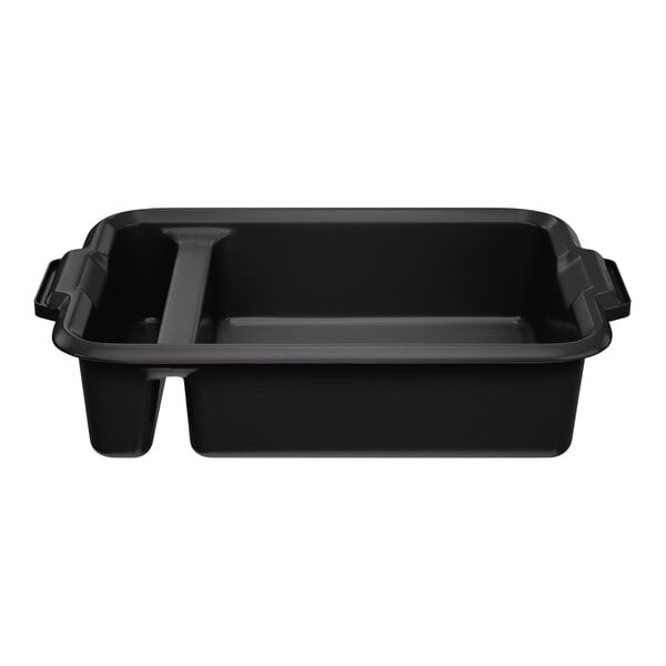 A black high density polyethylene divided bus tub with handles and a partition separating two sections.