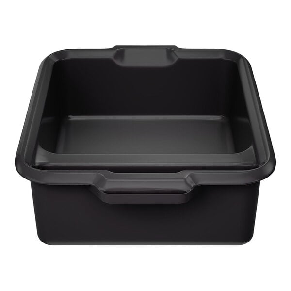 A black high density polyethylene divided bus tub with handles.