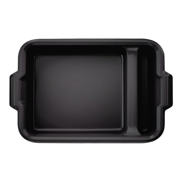 A black high density polyethylene divided bus tub with handles and a separate compartment.
