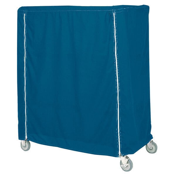 A blue tarp with zippered closure covering a Metro cart on wheels.