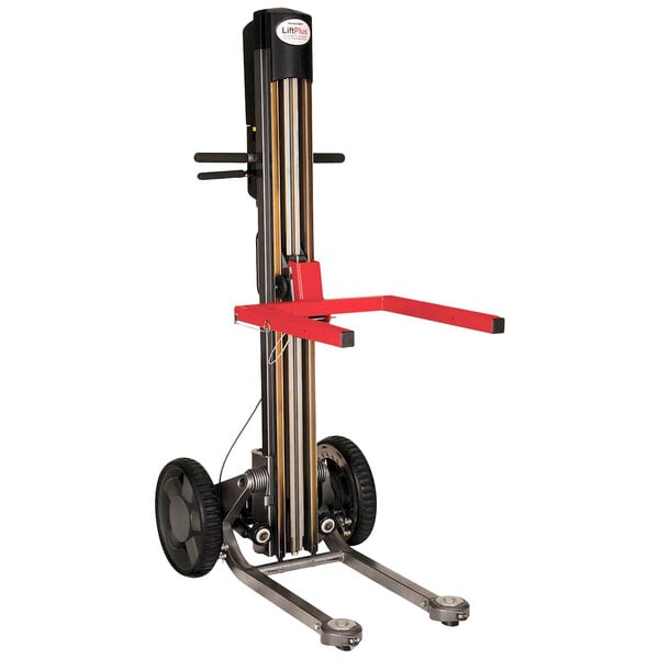 A Magliner red and black hand truck with a 14" chassis.