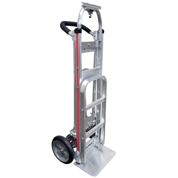 A silver Magliner hand truck with black wheels and a red handle.